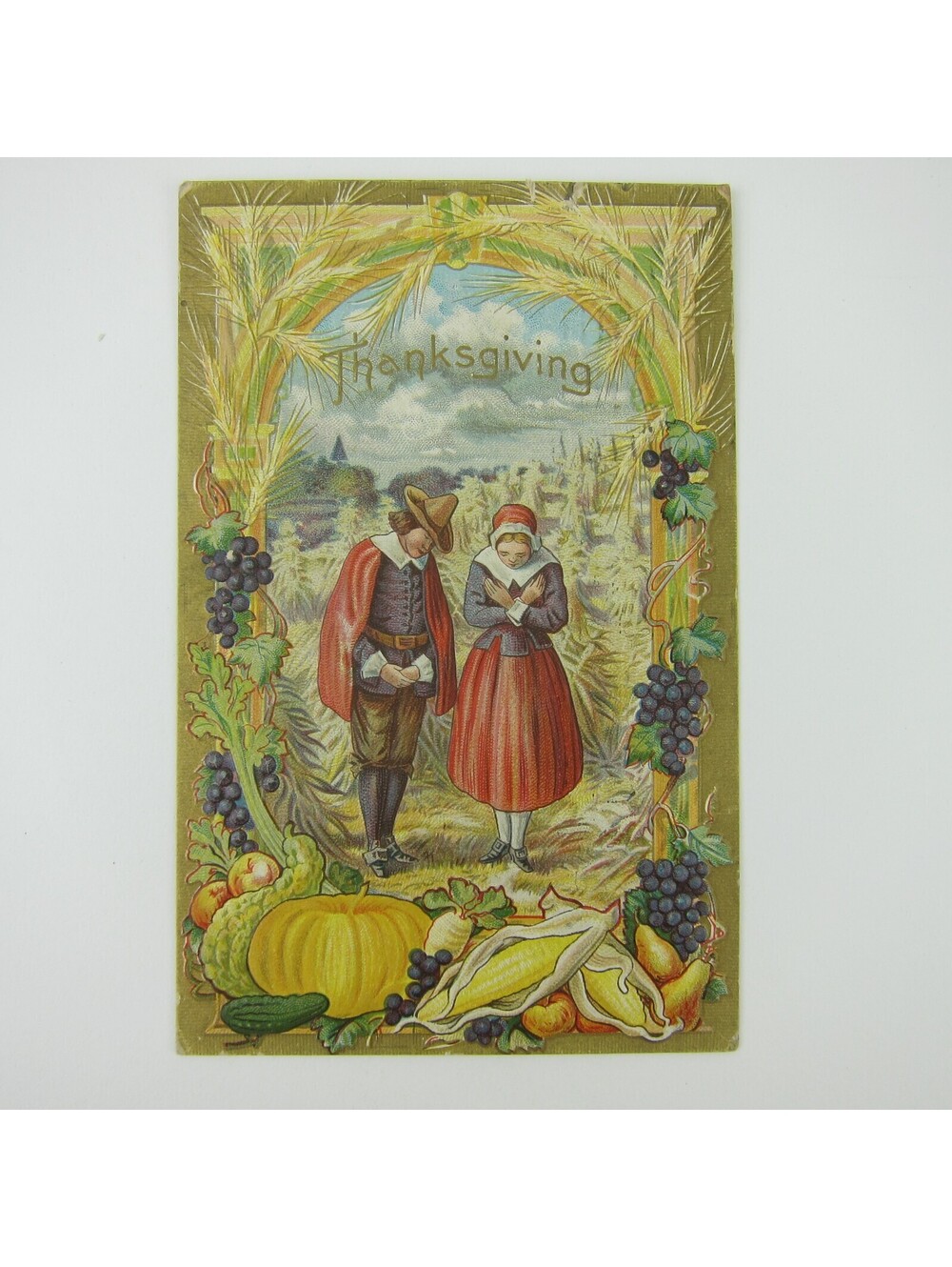 Thanksgiving Postcard Man & Woman Pilgrims Fruit Harvest Embossed Antique 1910